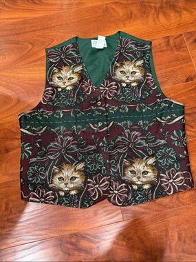 Unbranded Women's Cat Tapestry Vest in Dark Green and Burgundy